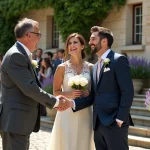 Couple de mariés remerciant un invité sur les marches de la mairie lors d'un mariage civil