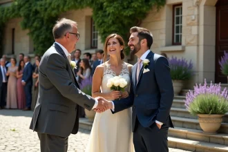 Couple de mariés remerciant un invité sur les marches de la mairie lors d'un mariage civil