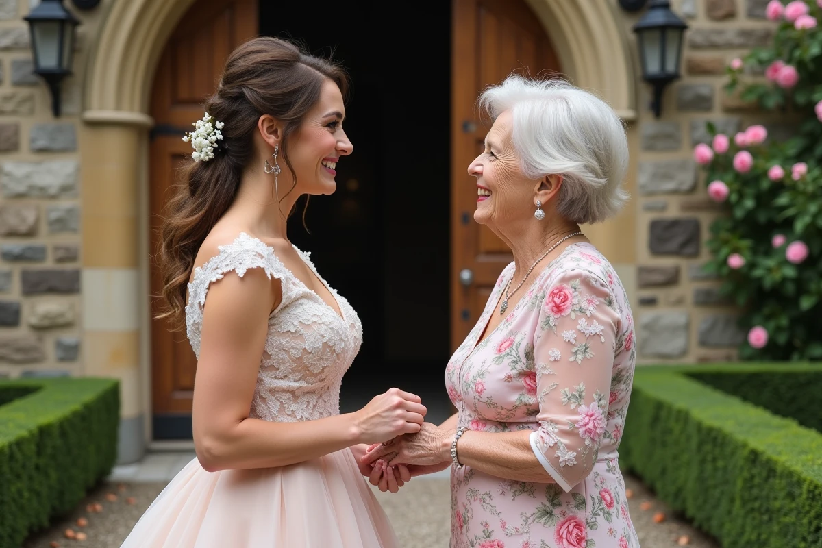 Mariée remerciant une invitée âgée devant une église lors d'un mariage religieux