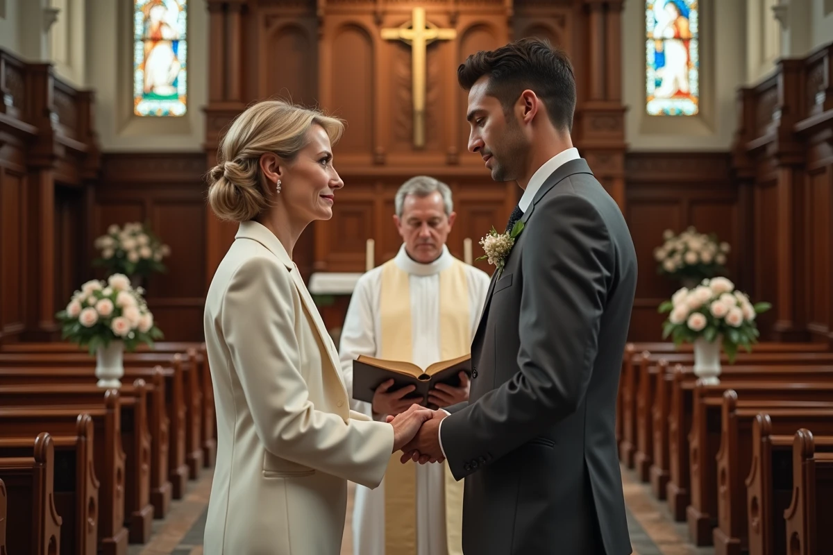 Couple renouvellant leurs vœux de mariage religieux devant un prêtre à l'autel d'une église décorée de roses