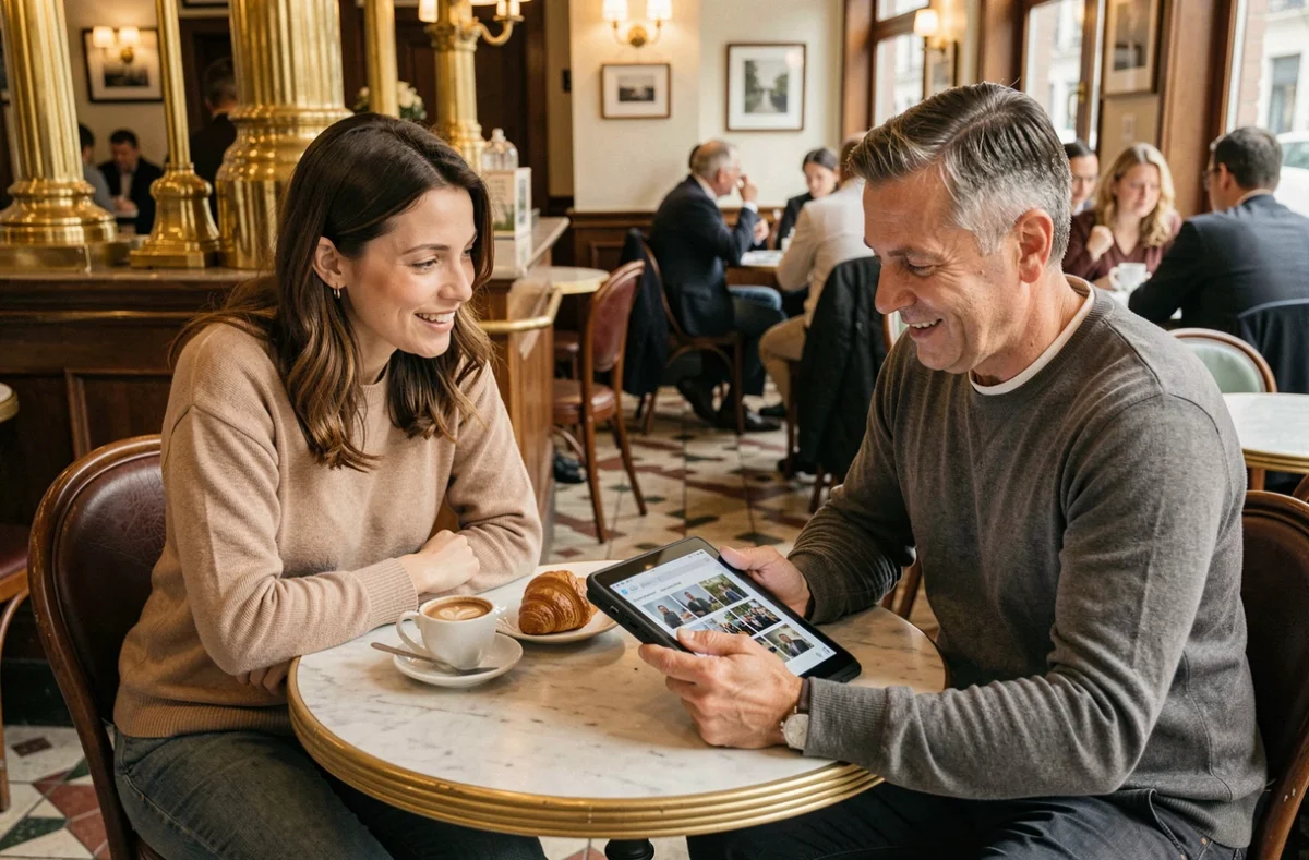 Réunion entre un photographe et un client dans une brasserie française à Meaux pour discuter d'un projet photo