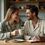 Couple marié partageant un rituel du matin autour d'un café et d'un journal intime dans une cuisine en bois chaleureuse