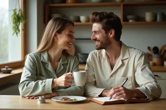 Couple marié partageant un rituel du matin autour d'un café et d'un journal intime dans une cuisine en bois chaleureuse