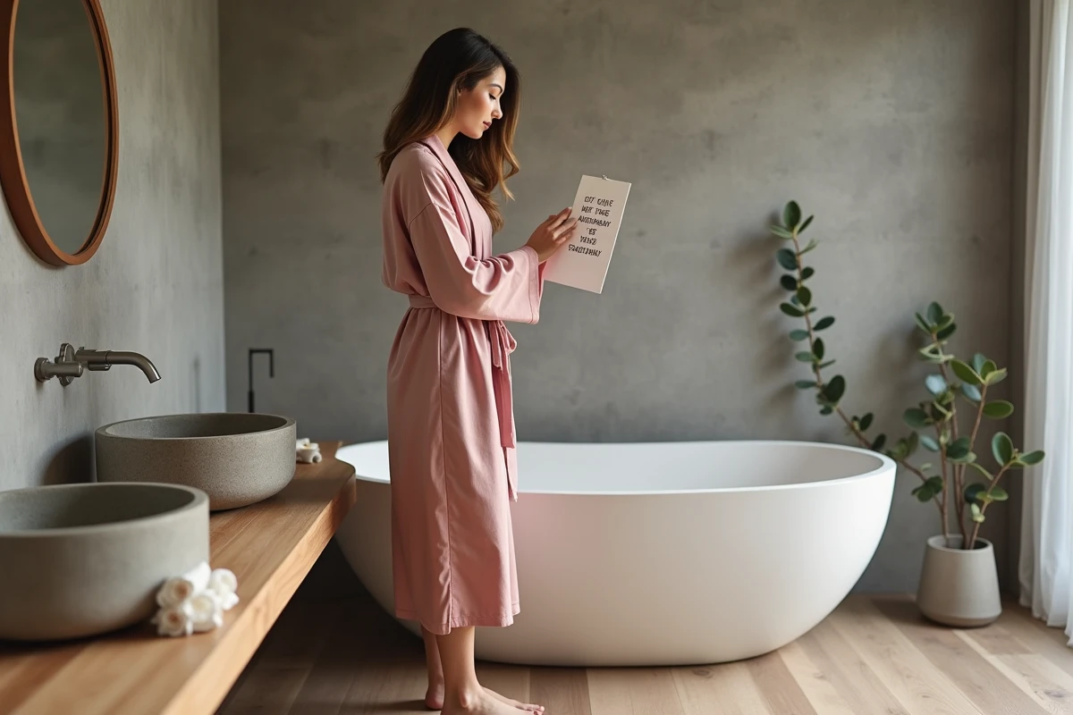 Femme en robe de chambre accomplissant son rituel du soir dans une salle de bain épurée avec un mot de mariage encadré