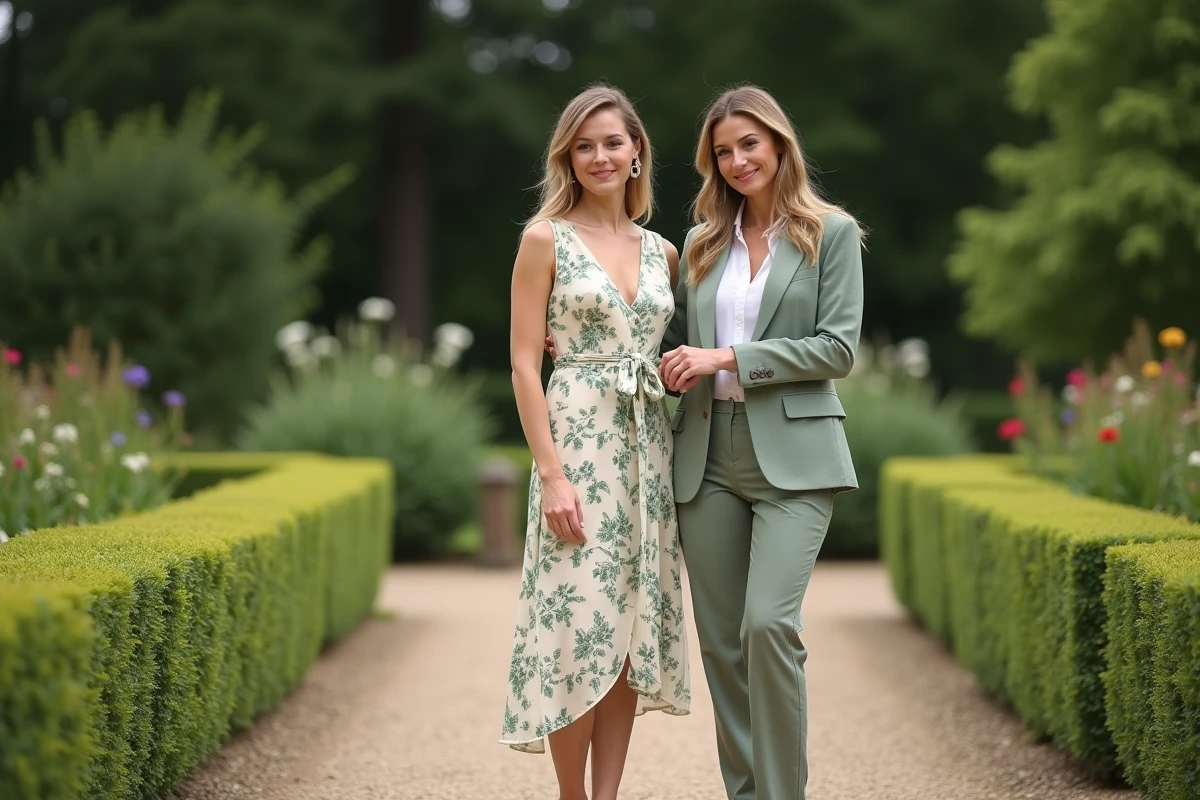 Deux femmes dans un jardin botanique, l'une portant une robe ASOS fleurie pour mariage civil avec ceinture ruban et mules, l'autre ajustant les accessoires