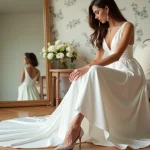 Femme en robe de mariée ivoire ajustant ses chaussures dans une suite nuptiale