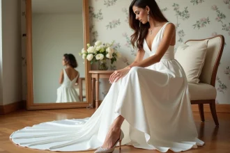 Femme en robe de mariée ivoire ajustant ses chaussures dans une suite nuptiale