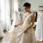 Mariée en robe de mariage blanche en dentelle dans un atelier de couture parisien examinant les détails du tissu