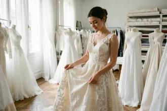 Mariée en robe de mariage blanche en dentelle dans un atelier de couture parisien examinant les détails du tissu