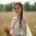 Mariée bohème en robe ivoire à dentelle avec couronne dorée et bouquet de fleurs sauvages dans une prairie naturelle