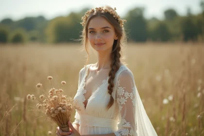 Mariée bohème en robe ivoire à dentelle avec couronne dorée et bouquet de fleurs sauvages dans une prairie naturelle