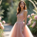 Mariée en robe rose poudré dans un jardin botanique avec des pivoines et des roses ivoire, illustrant l'harmonie entre la couleur de la robe et le thème floral du mariage