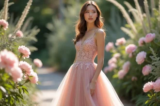 Mariée en robe rose poudré dans un jardin botanique avec des pivoines et des roses ivoire, illustrant l'harmonie entre la couleur de la robe et le thème floral du mariage