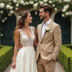 Mariée en robe ivoire et marié en costume beige coordonné dans un jardin fleuri lors d'une cérémonie de mariage