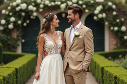 Mariée en robe ivoire et marié en costume beige coordonné dans un jardin fleuri lors d'une cérémonie de mariage