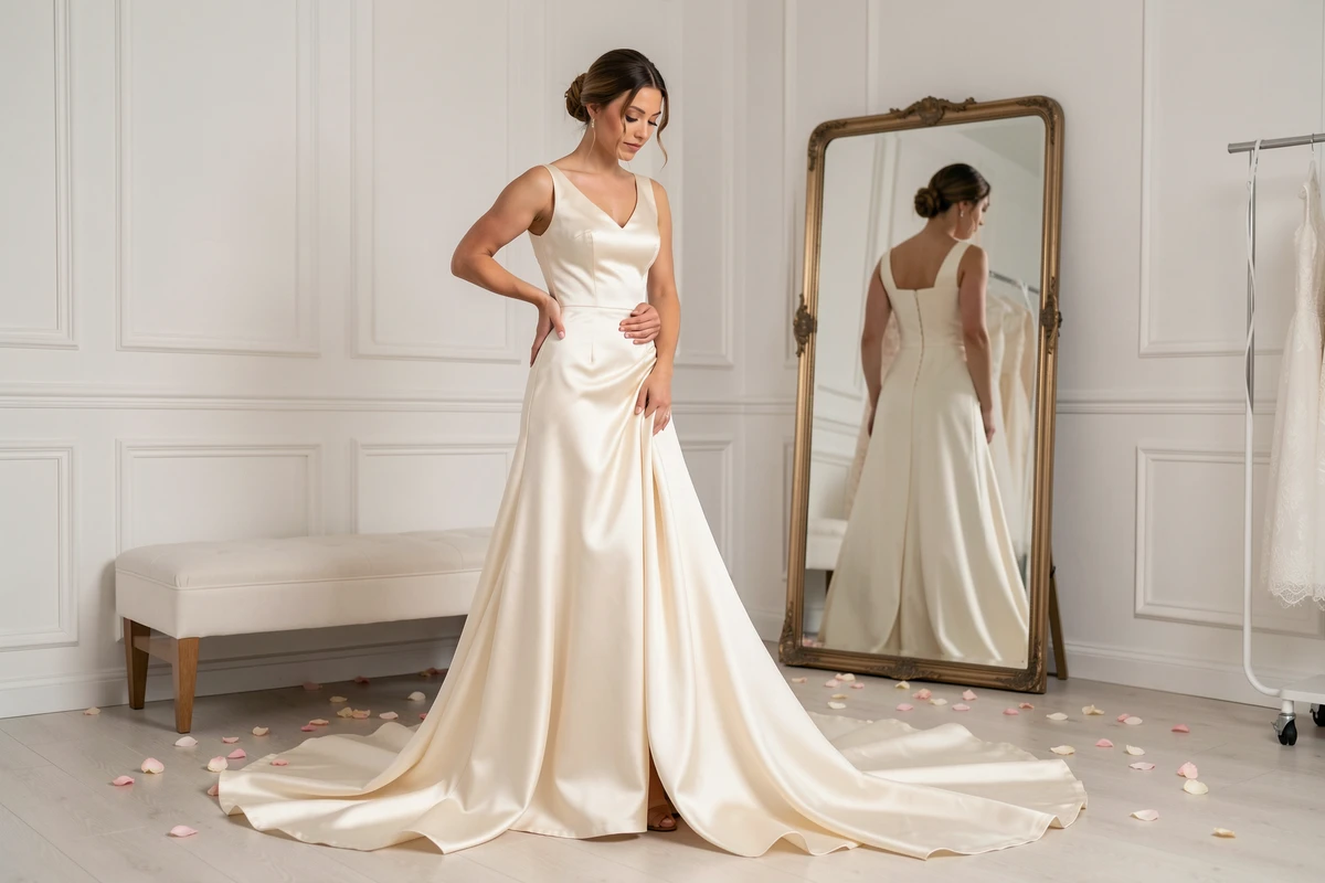 Mariée en robe de mariage en satin ivoire à longue traîne dans une cabine d'essayage de boutique nuptiale