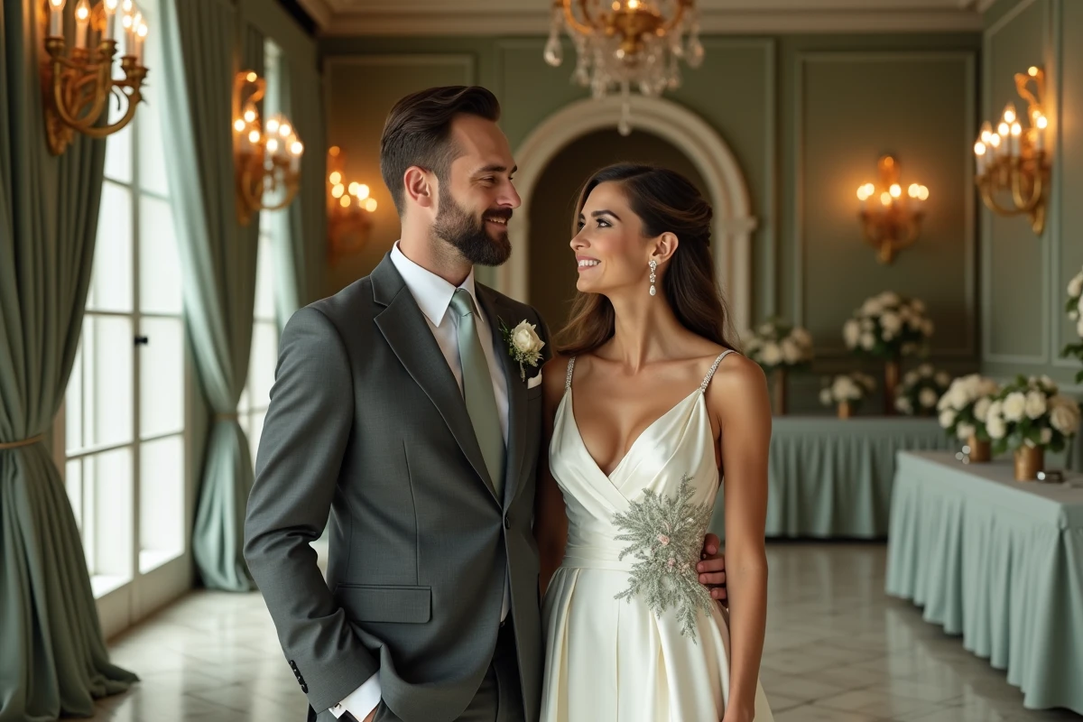 Couple de mariés dans une salle de réception élégante aux tons vert sauge et or, montrant l'harmonie entre la robe de mariée et la décoration du thème de mariage