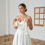 Mariée comparant des échantillons de tissu blanc et ivoire dans une boutique de robes de mariée épurée