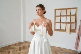 Mariée comparant des échantillons de tissu blanc et ivoire dans une boutique de robes de mariée épurée