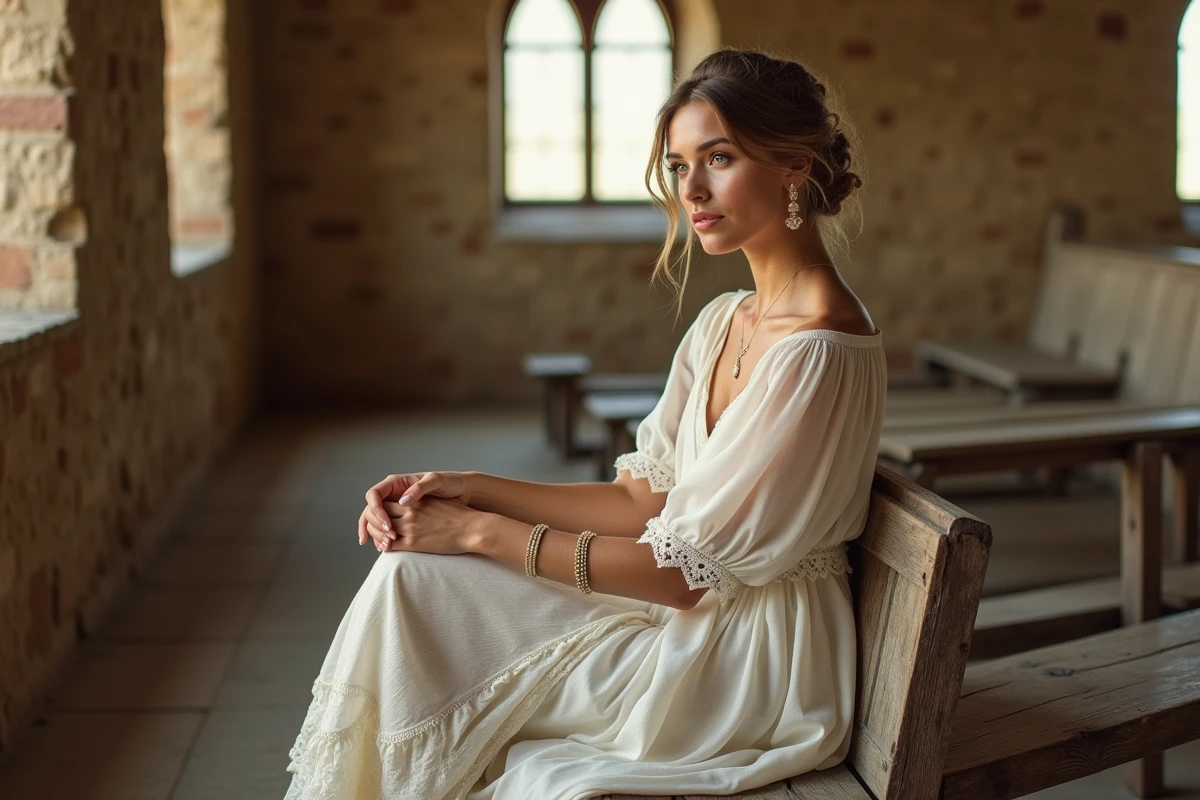 Mariée bohème assise dans une chapelle en pierre portant une robe en mousseline avec accessoires minimalistes dorés
