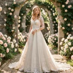 Mariée en robe longue manche romantique en dentelle avec traîne cathédrale dans un jardin fleuri style conte de fées