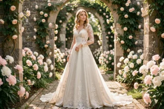Mariée en robe longue manche romantique en dentelle avec traîne cathédrale dans un jardin fleuri style conte de fées