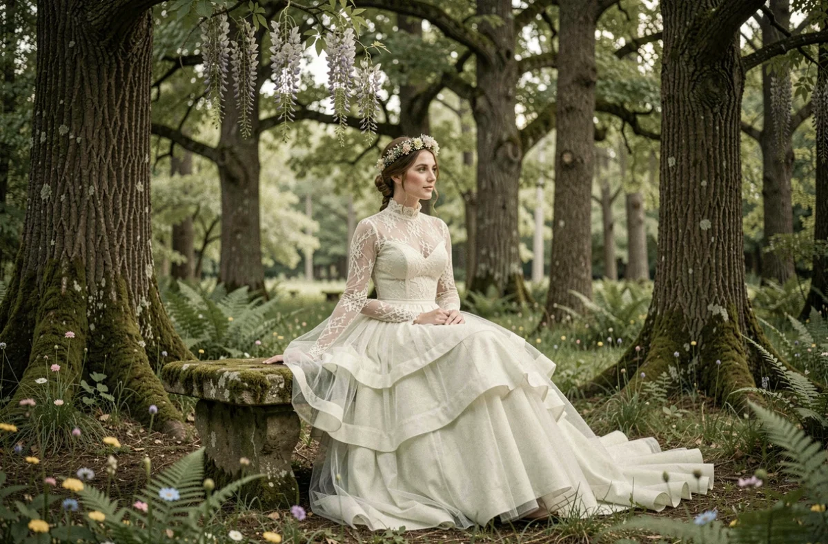 Mariée assise en robe longue manche style victorien avec couronne florale dans une clairière de forêt enchantée pour un mariage conte de fées