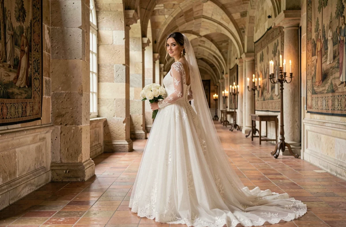 Mariée en robe de mariage manche longue en tulle et dentelle dans un château historique avec voile et bouquet de roses blanches