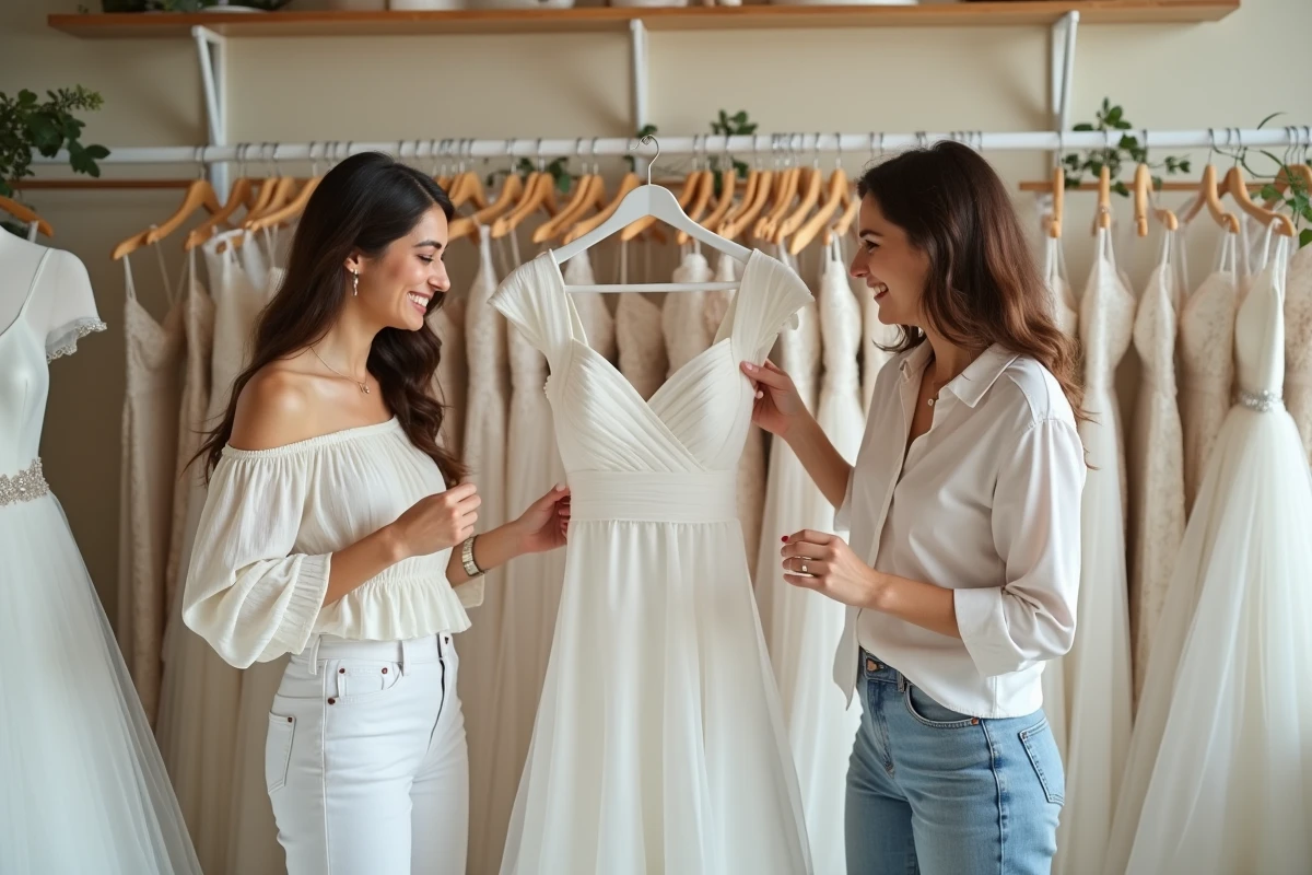 Deux amies cherchant une robe de mariée d'occasion à prix abordable dans une boutique vintage
