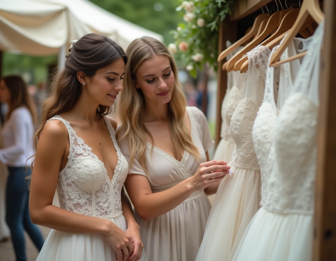 Deux amies cherchant une robe de mariée d'occasion à prix réduit sur un marché de seconde main