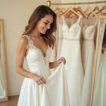 Jeune femme essayant une robe de mariée simple et élégante dans une boutique à petit budget