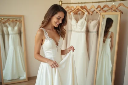 Jeune femme essayant une robe de mariée simple et élégante dans une boutique à petit budget