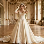 Mariée en robe princesse longue traîne cathédrale avec tiare en perles et gants en satin dans un château élégant