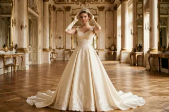 Mariée en robe princesse longue traîne cathédrale avec tiare en perles et gants en satin dans un château élégant