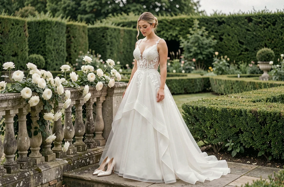 Mariée en robe princesse organza longue traîne avec escarpins brodés et boucles d'oreilles pendantes dans un jardin à la française