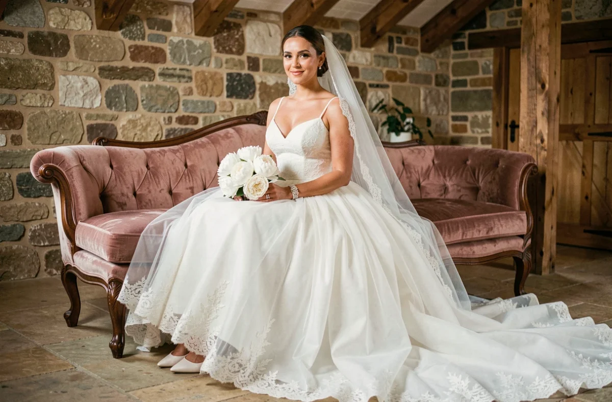 Mariée assise en robe princesse tulle et dentelle avec bracelet diamant et bouquet de pivoines dans une suite nuptiale rustique