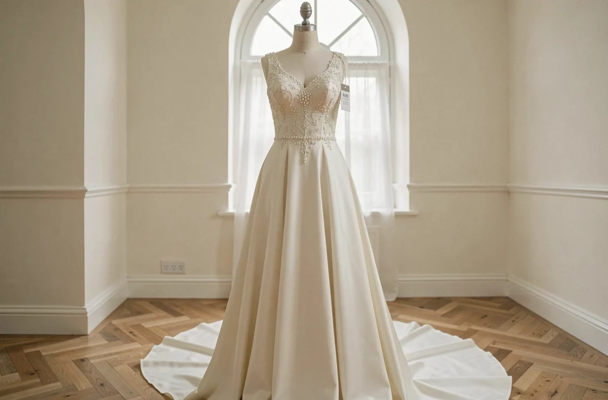 Robe de mariée sur mesure avec broderies perlées exposée sur un mannequin dans un atelier de couture bridal minimaliste avec étiquette de prix