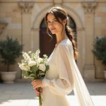 Femme en robe trapèze ivoire pour mariage civil devant une mairie en pierre