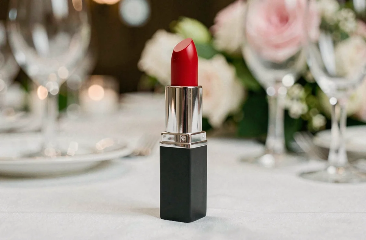 Rouge à lèvres rouge classique posé sur une nappe blanche de table de mariage