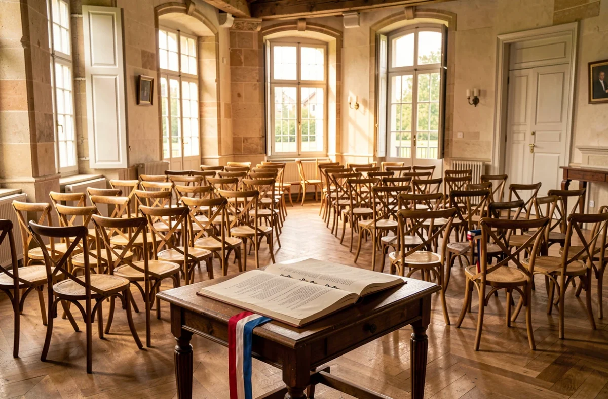 Salle des mariages d'une mairie avec registre et écharpe tricolore
