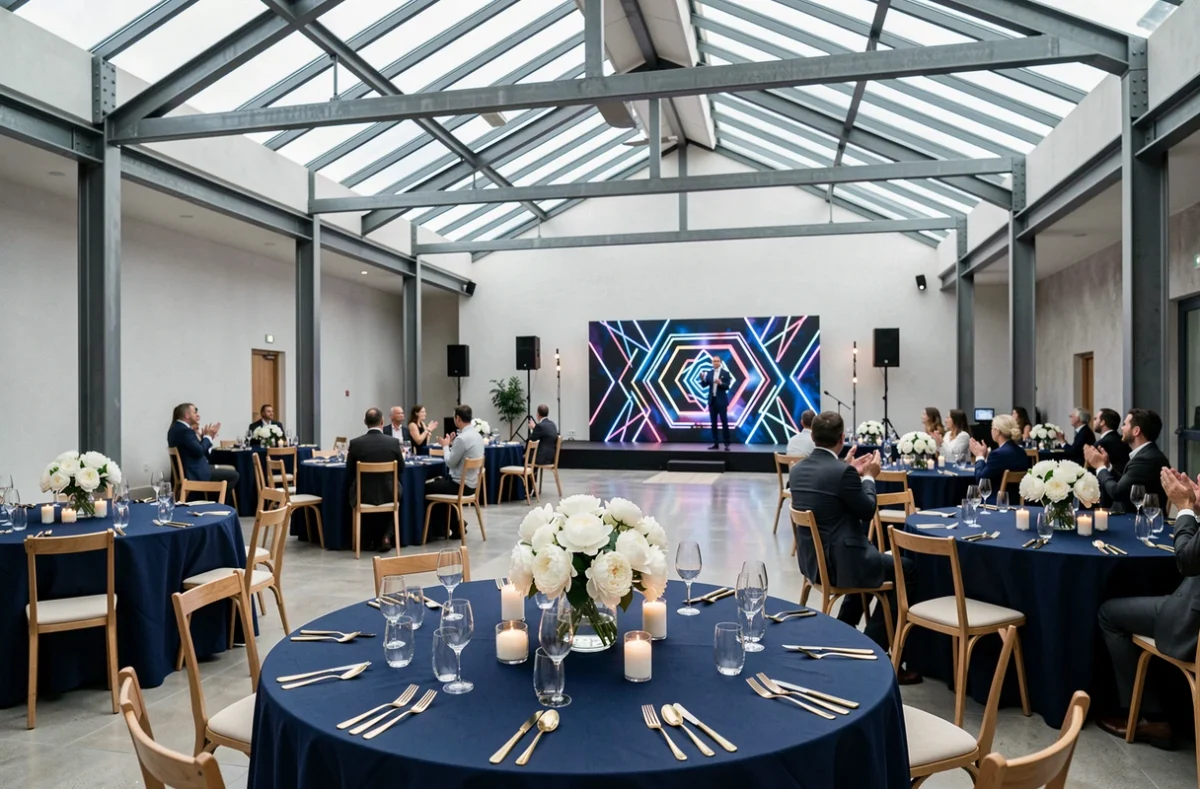 La salle de réception d'Elpa en Moselle avec tables en lin bleu nuit et scène décorée pour un mariage