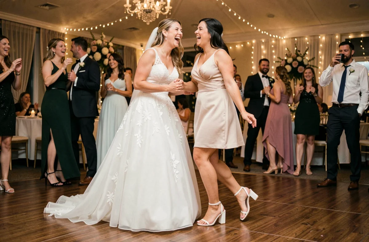 Mariée et demoiselle d'honneur dansant en sandales blanches à talons lors de la réception de mariage