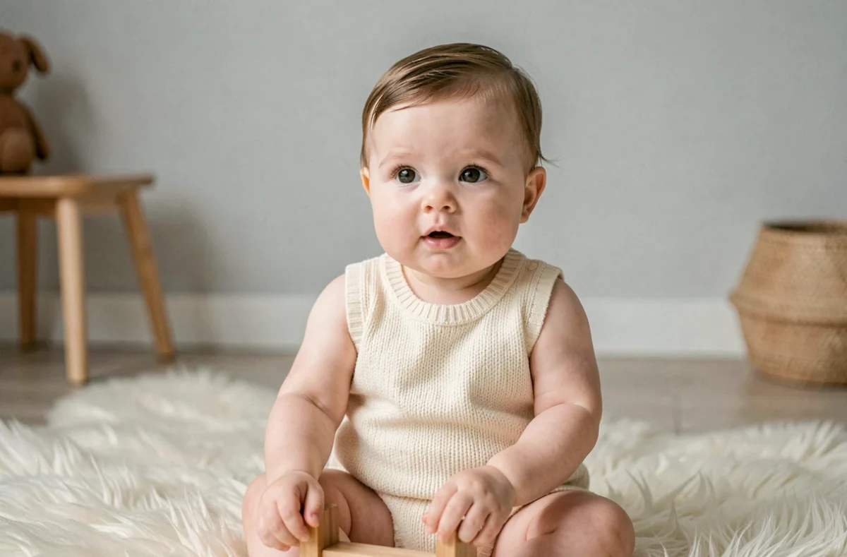 Bébé de 6 mois assis sur un tapis douillet lors d'une séance photo dans un studio minimaliste