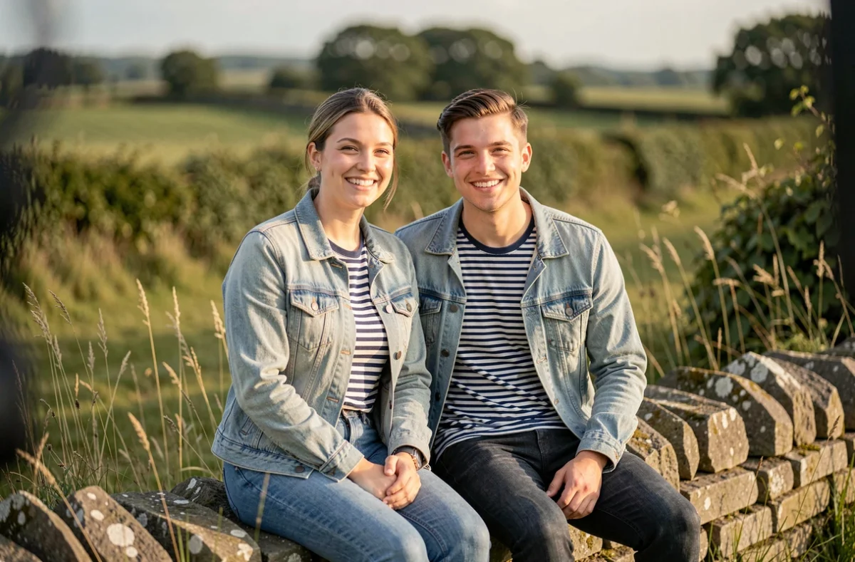 Couple posant lors d'une séance photo professionnelle en pleine campagne bretonne dans le Morbihan