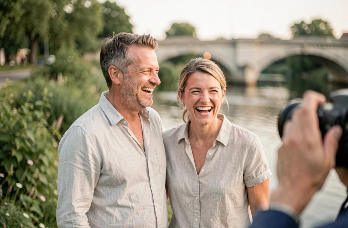Couple souriant lors d'une séance photo professionnelle au bord de la Marne à Meaux