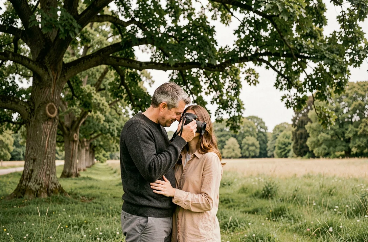 Séance photo de couple en extérieur dans un parc de la région d'Ancenis avec un photographe professionnel