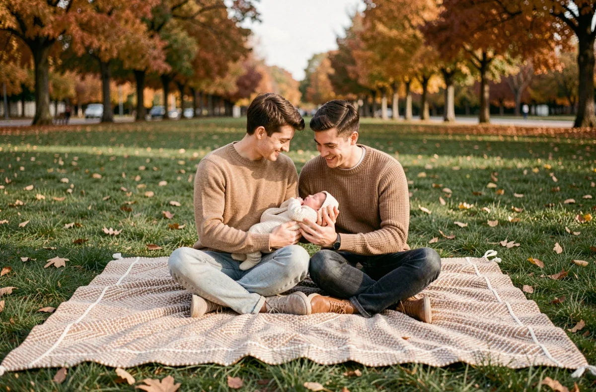 Parents tenant leur nouveau-né lors d'une séance photo en extérieur dans un parc en automne