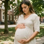 Séance photo grossesse en extérieur à Lille, femme enceinte en robe lin crème dans un parc urbain