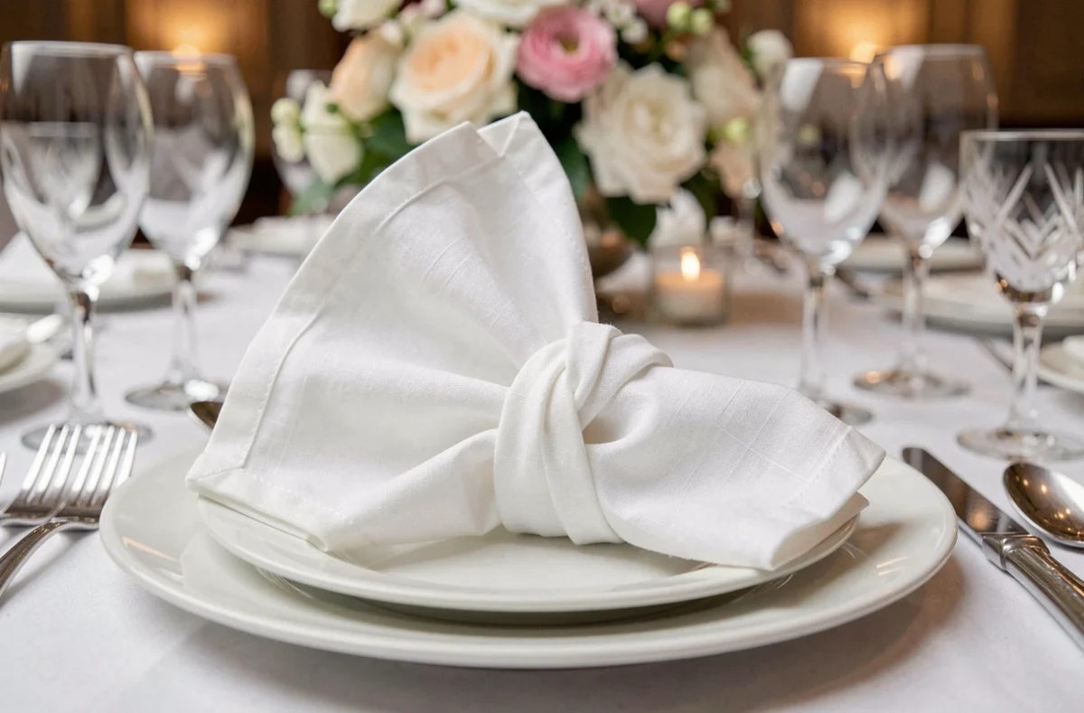Serviette en tissu blanc nouée en forme de noeud sur une assiette de table de mariage