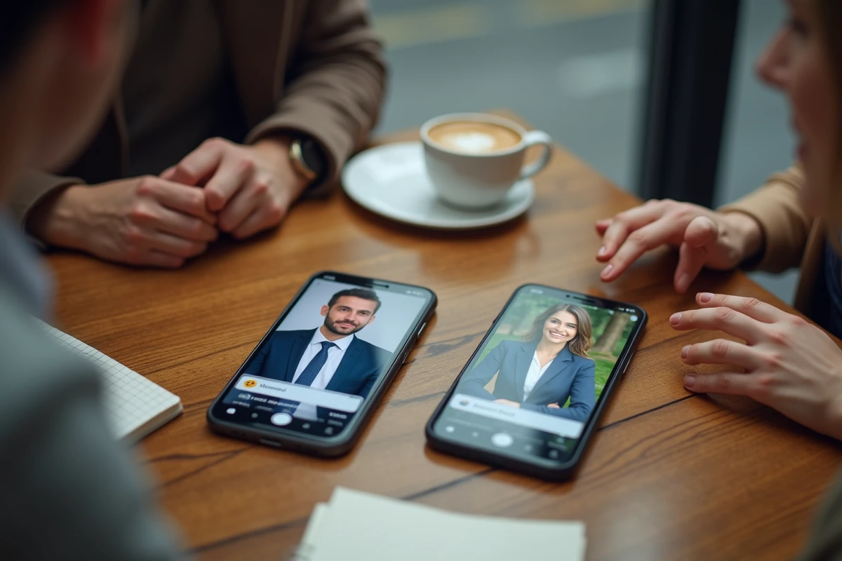 Deux smartphones affichant des profils souriants lors d